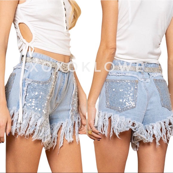 Bling Bling Sequin Denim Fringe Shorts - Picture 3 of 15